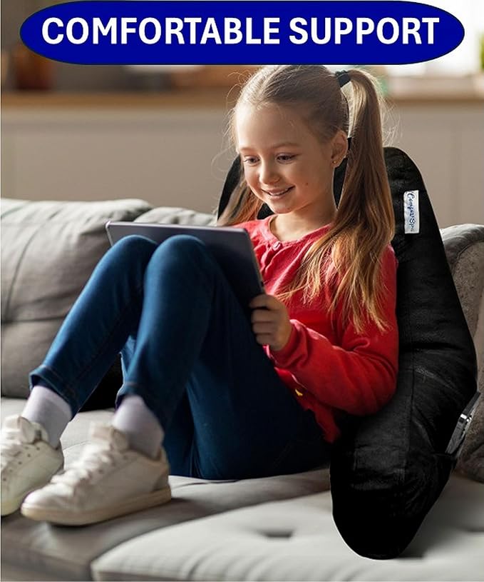 ComfortSpa Reading Pillow for Kids Teens Adult, Back Rest Pillow with Arms, Pockets, Washable Cover; Use as a Back Pillow for Bed Sitting Up for Bedrest or Relief from GERD Heartburn (Standard Black)