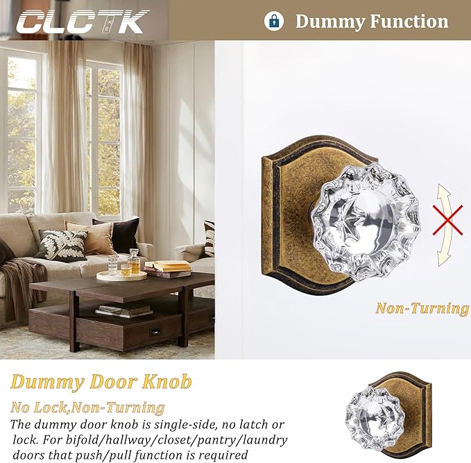 CLCTK Crystal Glass Dummy Door Knob, Closet Bifold Dummy Door Handles Non-Turning Single Side, Antique Brass, 2 Pack