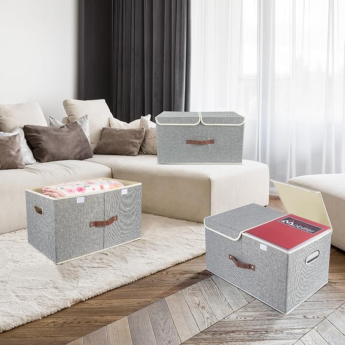 TYEERS Extra Large Collapsible Storage Bins with Lids and Compartments, Organizing Bins for Closet Storage, Clothes Storage, Cube Organizer for Home Office Storage - 2 Pack - Gray