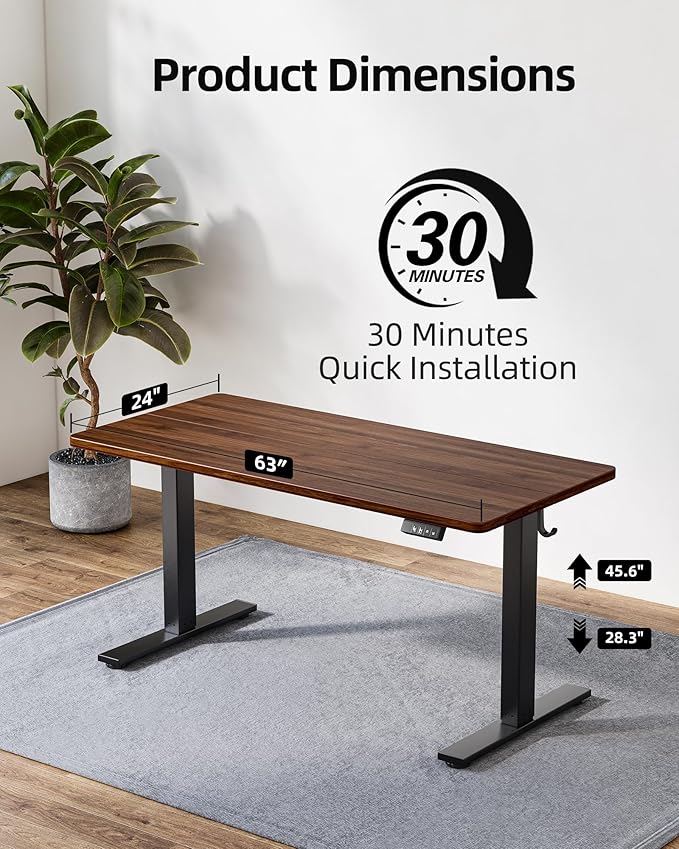 TIQLAB Electric Standing Desk, Adjustable Height Stand up Desk, 63 * 24 Inches Sit Stand Home Office Table with Splice Board, Black Walnut