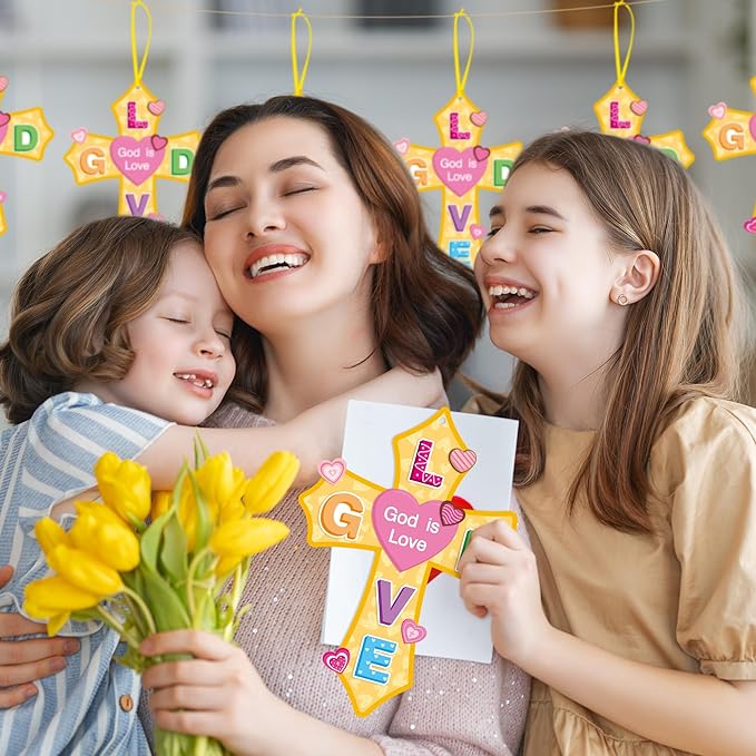 Haooryx Valentine's DIY Craft Kit - 28 Pack Valentine’s Day God is Love Cross Craft Kit Make Your Own Thankful Cross Hanging Ornament Religious Sunday School Church Christian Party Fun Activities