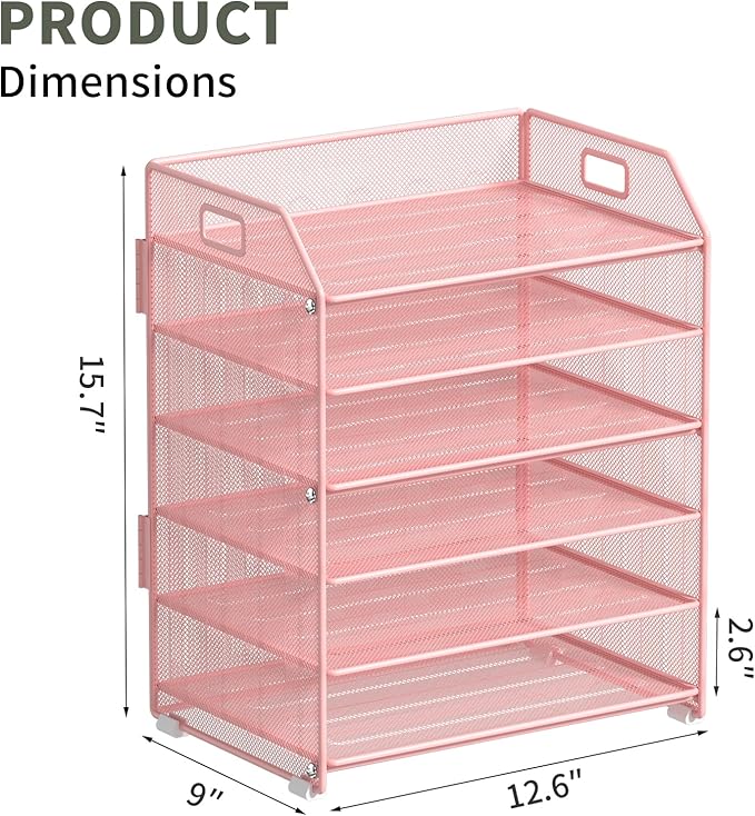 6 Tier Desk Organizer, Heavy-Duty Thick Metal Letter Tray Organizer, Large Capacity Desktop File Organizer for Heavy Files, Easy to Assemble for Home, Office & Classroom,Black,Pink