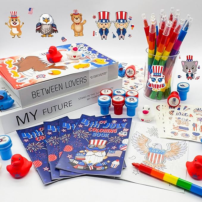 72 Pcs Patriotic Party Favors Set, 4th of July Coloring Books Red White Blue Party School Exchange Gifts Tattoo DIY Sticker Stampers Class Reward Prizes for Independence Memorial Day Party Supplies