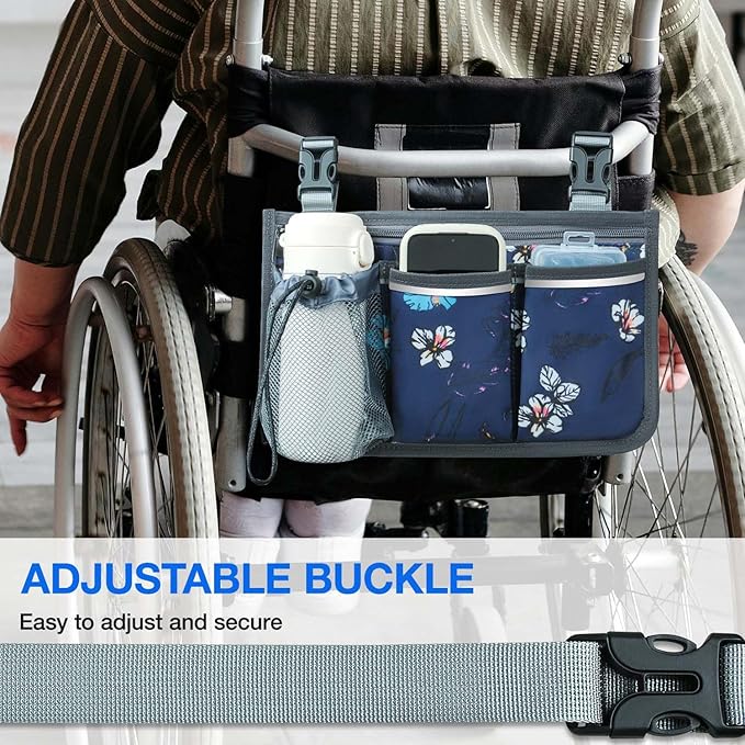Wheelchair Bag, Walker Bag, Wheelchair Side Bag, Armrest Organizer Pouch with Cup Holder Attachment and Reflective Strip, Accessories for Most Wheelchairs, Walker, Rollators, Navy Floral
