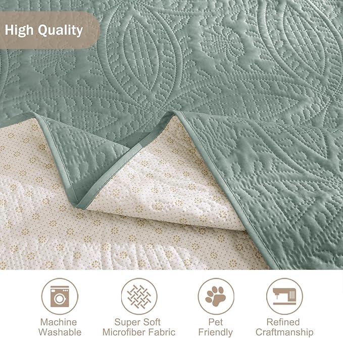 Soft Sage Quilted Couch Cover with Pockets for Extra-Large Sofa, Anti-Slip Sofa Covers Washable for 3 Cushion, Pet Friendly Oversized Sofa Cover Water-Repellent (X-Large Sofa 78", Sage Green)