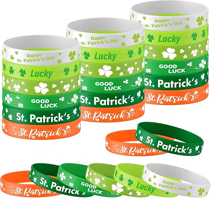 Lesnala 48 PCS St. patrick's day rubber wristband Shamrock Element Silicone Bracelet Theme Party Decoration for kids teens women men gifts holiday accessories Green