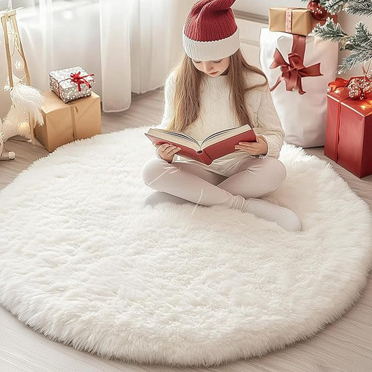 Xexsin Round Fluffy Rugs 4Ft for Girls Bedroom, Cream White Shag Circle Kids Rug Non-Slip for Bedside Dorm Nursery Playroom, Soft Cute Area Rugs for Living Room Decor