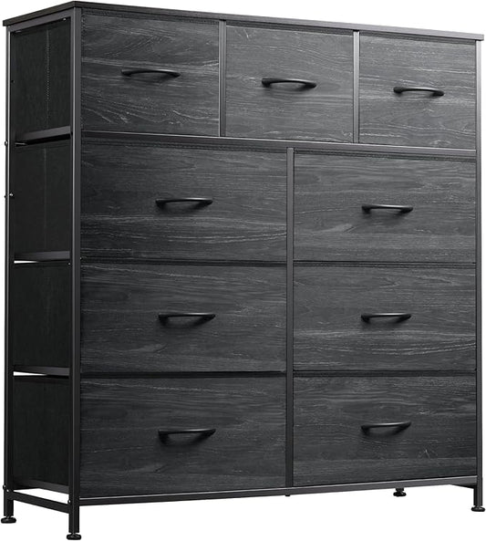 WLIVE 9-Drawer Dresser, Fabric Storage Tower for Bedroom, Entryway, Closet, Tall Chest Organizer Unit with Fabric Bins, Steel Frame, Wood Top, Easy Pull Handle, Charcoal Black Wood Grain Print