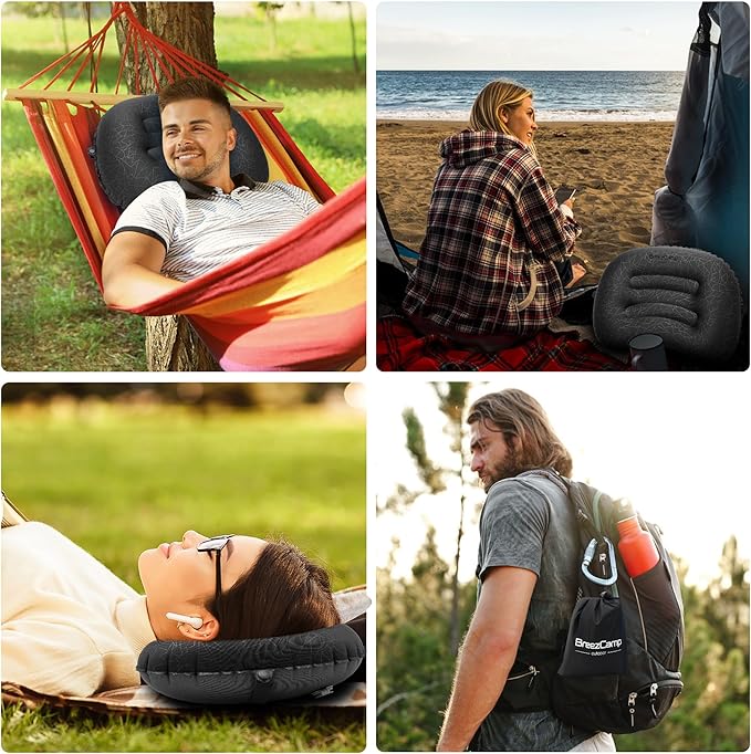 BreezCamp Inflatable Camping Pillow, Travel Blow Up Air Pillow, Neck Lumbar Support Ultralight Compact Pillow for Outdoor Hiking Backpacking Car Beach Airplane Sleeping Essentials, Black