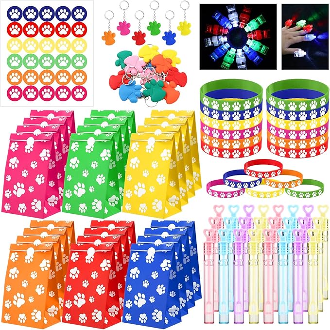 150 Pcs Paw Print Party Favors Cute Puppy Party Favors Paw Print Party Bags Paw Print Keychain Bubble Wands LED Finger Lights Silicone Bracelet DIY Stickers Boys Girl Dog Birthday Party Gift