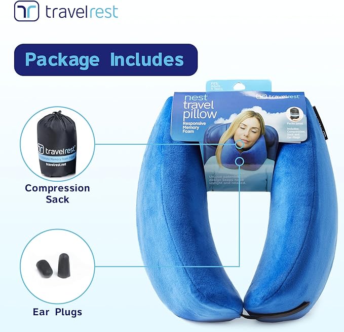 TRAVELREST Nest Neck Support Pillow - Travel Essentials, Memory Foam, Compact Travel Pillow for Long Flights, Plane Sleeping Accessories, Comfortable, Compact, Washable, Attaches to Luggage - Blue
