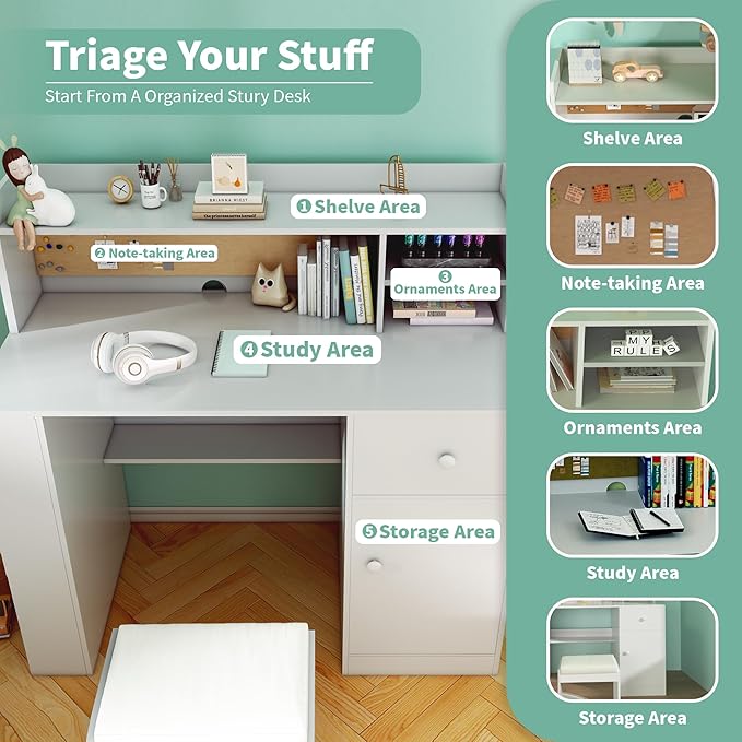JMMD Kids Desk and Chair Set with Hutch, Wooden Student's Study Desk with Storage Cabinet and Drawer, Children Computer Writing Table for Girls Boys 8-12 Years, White
