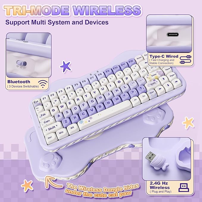 YUNZII C75 Wireless Mechanical Keyboard,75% Layout, Hot-Swappable NKRO,BT5.0/2.4G/USB-C Mode,Dye-Sub PBT MOA Keycaps,RGB Gasket Mount,Cute Cake Design for Mac/Win/Gaming (Purple, Candy Switch)