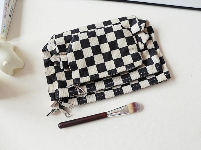 HAPPYHEIDI Checker Corduroy Makeup Bag Women Cosmetic Toiletry Travel Pouch Office Desk Organizer, Vintage Black White Block