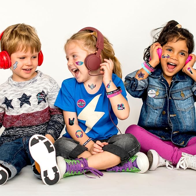 Capoda 110 Pcs Music Party Favor Supplies Kit Media Theme Gift Bag Filler Silicone Bracelets Button Pins Music Keychains Stampers Stickers for Boys Girls Music Birthday Party Decorations Supplies