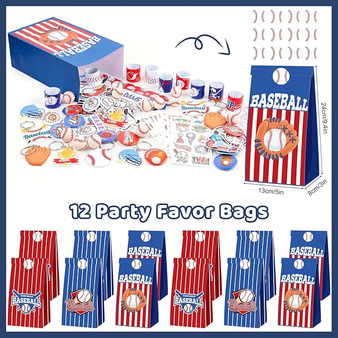 ANPHILE Baseball Party Favors, Baseball Birthday Party Supplies with Goodie Bags Slap Bracelets Stickers Mini Bouncy Balls Toy for Goodie Bag Stuffers,Classroom Prize