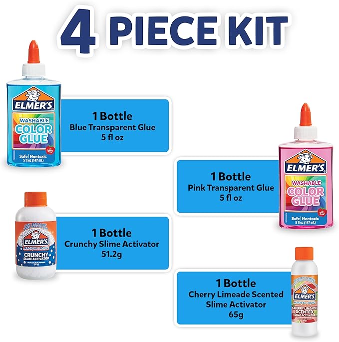 Elmer’s Neon Sky Slime Kit, Slime Supplies Include Transparent Color Liquid Glue, Crunchy Slime Activator, Cherry Limeade Slime Activator, 4 Count