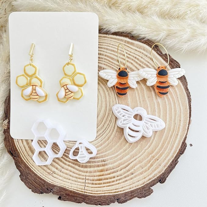 3ps Embossed Bumble Bee Cutter Set, Honeycomb Fall Polymer Clay Cutters, Clay Animals Jewelry Making, Polymer Clay Earrings Cutters, Tissue Blades Mini Clay Earring Cutters for Polymer Clay Texture
