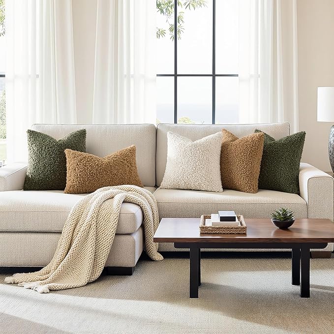 Woaboy Faux Fur Throw Pillow Covers 20x20 Inch Set of 2 Boucle Neutral Decorative Sherpa Fuzzy Accent Soft Sheepskin Fleece Cushions Modern Home Decor for Couch Sofa Bedroom Living Room,Light Brown