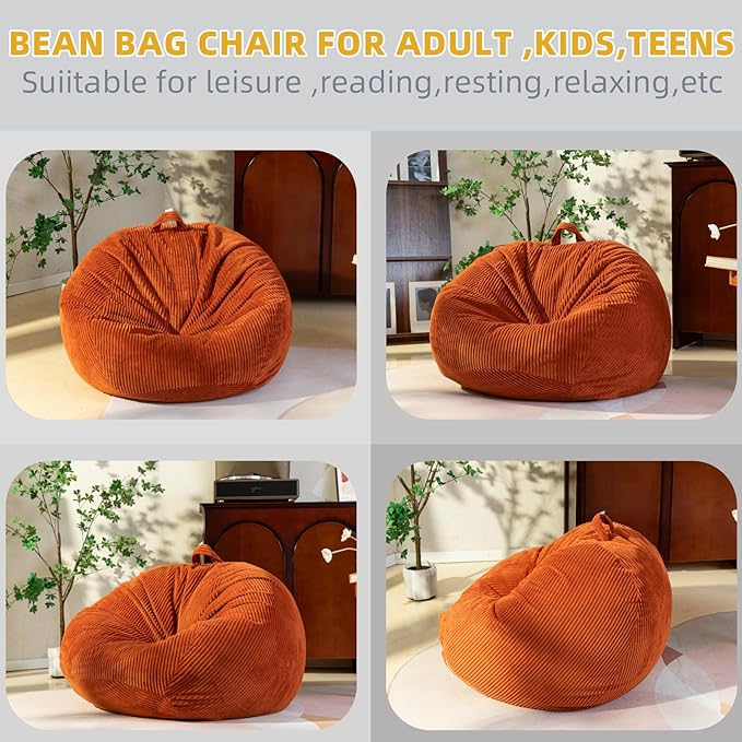 Large Stuffed Animal Storage Bean Bag Chair （No Filler）, 3 ft Giant Heavy Soft Corduroy Bean Bag Cover for Kids Teens & Adults，Round Fluffy Sofa for Home Living Room Bedroom College Dorm