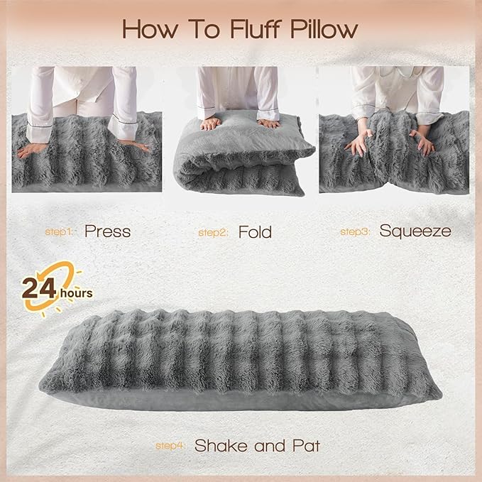 YZ HOME Faux Fur Fluffy Body Pillow for Adults - Firm Body Pillow Insert with Shredded Blue Memory Foam, Adjustable Height, Soft Support for Side Sleepers, Pregnant Women, Washable, 20x54 Inch (Grey)