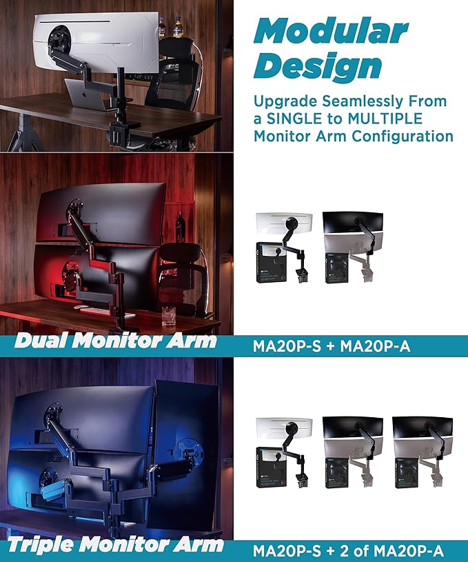 ULTRARM Heavy Duty Monitor Arm for Ultrawide Monitors up to 57" and 44 lbs, Single Desk Stand, Pneumatic Height Adjustable, Modular Extension Arms - Max VESA 100x100, Black, MA20P-S