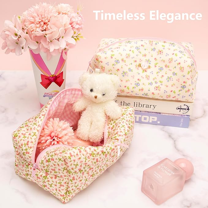 Cozy Makeup Bag Travel Cosmetic Bag for Women Soft Toiletry Bag Aesthetic Makeup Organizer Portable Large Zipper Pouch for Skincare Beauty Accessories Brushes Floral Pink