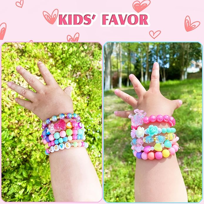 9 PCS Cute Kids Bracelets for Girls Pink LOVE Beaded Bracelets Little Girls Costume Jewelry Princess Party Favors Pretend Play Birthday Easter Christmas Valentines Toddler Jewelry