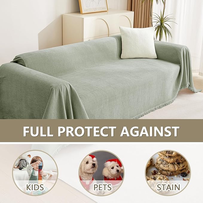 MYSKY HOME Sectional Couch Cover Blanket Living Room Furniture Protector for Pets, Farmhouse Home Decor Sofa Covers Tassel Chenielle Sofa Slipcover Soft Throw Couch for Dogs,71" X 118", Sage Green