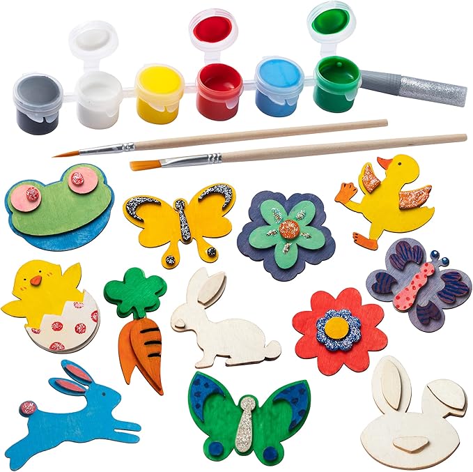 12 Pcs Easter Wooden Magnets Painting Craft Kits, Wooden Magnet Creativity Arts & Crafts Painting Kit for Kids, Decorate Your Own Painting Gift, Easter Crafts & Basket Stuffers, Easter Party Favors