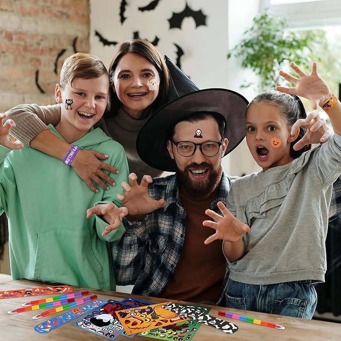 Halloween Party Favors, Halloween Coloring Books with Crayons School Exchanging Gifts Tattoo DIY Sticker Stampers Paper Crafts Slap Bracelets Sticky Hands Halloween Class Treat Prizes 96 PCS