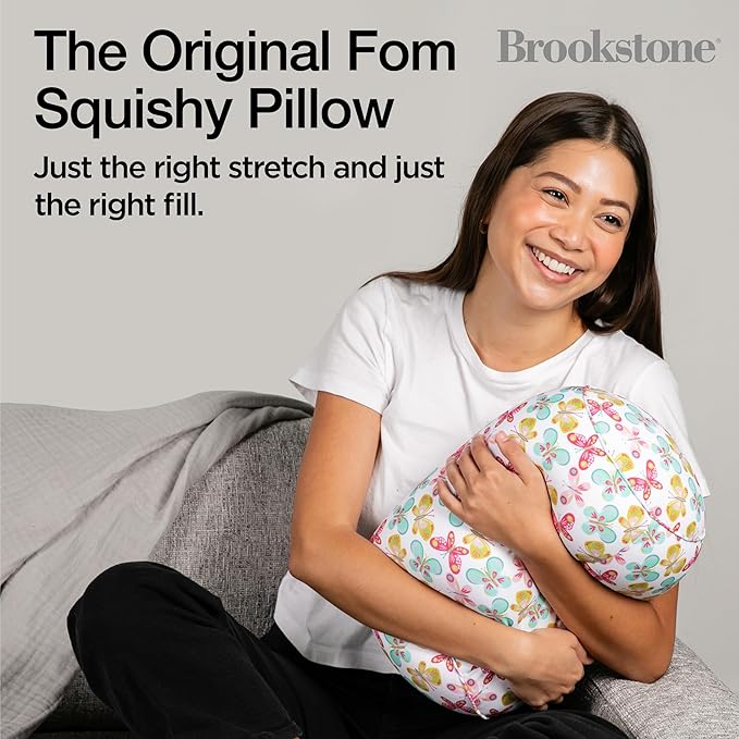 Brookstone Squishy FOM Cushion Pillow - The Original Stretchy, Comfy, Colorful Pillow for Neck, Lumbar Support, and Bed - for Sleeping, Car, Travel, Small, Butterflies, 12 x 7 Inches