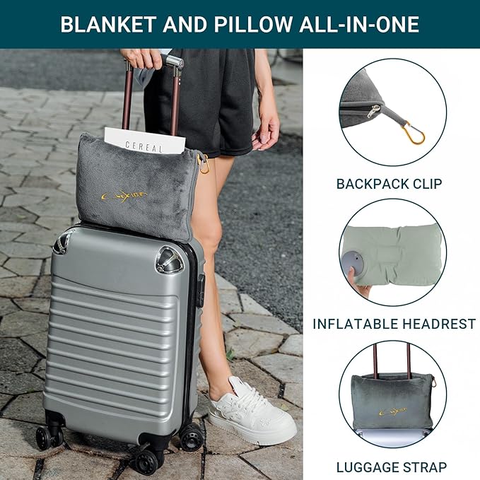 CLEXION Travel Blanket & Pillow Set, 300 GSM Soft Fleece, 60x43 Inches, 3-in-1 Airplane Blanket, Travel Pillow and Blanket Set, Travel Blanket Airplane Compact with Bag, Travel Essentials, Grey