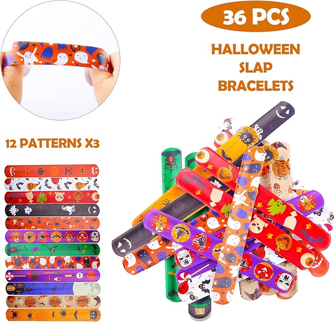 Halloween Bracelets for Kids, 36 Pcs Halloween Slap Bracelets Bulk, Halloween Party Favors Toys for Kids, 12 Different Design Bracelets Bulk for Party Favors and Supplies, Halloween Treat Bags Gifts