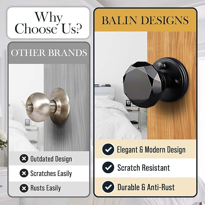 Black Crystal Door Knob with Lock, Glass Door Knobs Interior Privacy Set, Vintage Decorative Antique Style Handle for Bedroom, Bathroom, Closet, 2 Pack