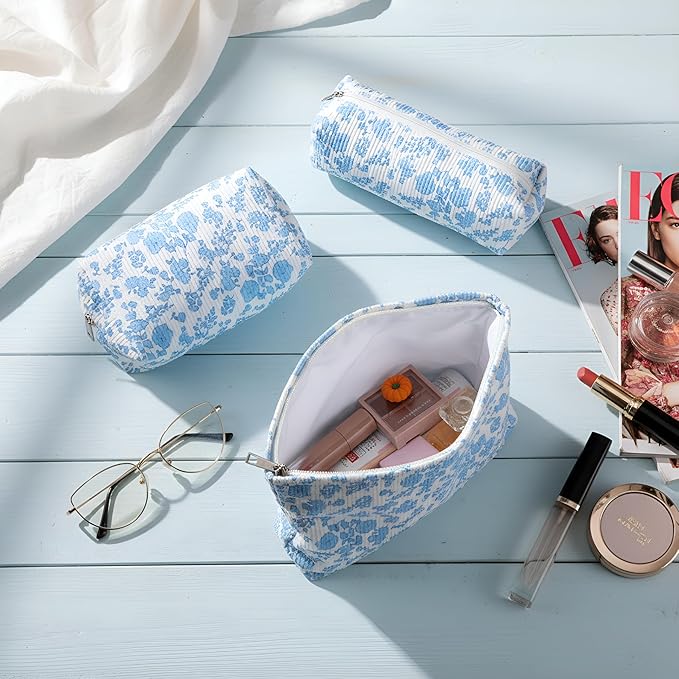 Huhumy 3 Pcs Makeup Bag Set for Women Corduroy Cosmetic Pouch Aesthetic Smile Travel Toiletry Bag Cute Purse Pouch Pencil Case Makeup Brushes Storage Organizer for Valentine(Blue,Flower)