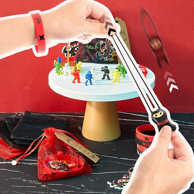 Libima 168 Pcs Ninja Party Favors Karate Birthday Party Supplies Ninja Toys, 48 Small Figurines, 24 Flying Toys, 24 Silicone Bracelets, 24 Keychains, 24 Organza Bags, 24 Thank Card