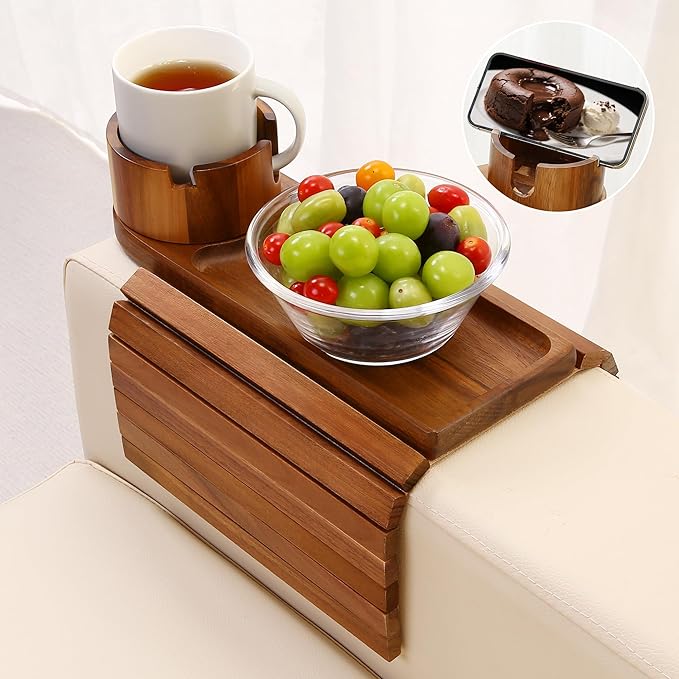 Couch Cup Holder, Acacia Wood Couch Arm Tray with 360° Rotating Cup Holder,Foldable Anti-Slip Sofa Arm Chair Tray for Eating Snack Drink Side Table