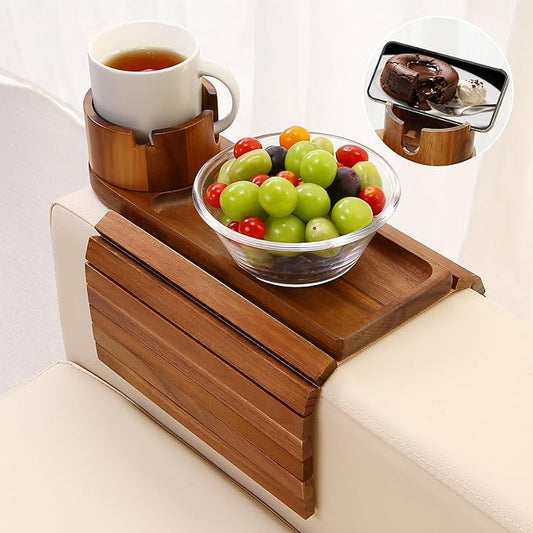 Couch Cup Holder, Acacia Wood Couch Arm Tray with 360° Rotating Cup Holder,Foldable Anti-Slip Sofa Arm Chair Tray for Eating Snack Drink Side Table