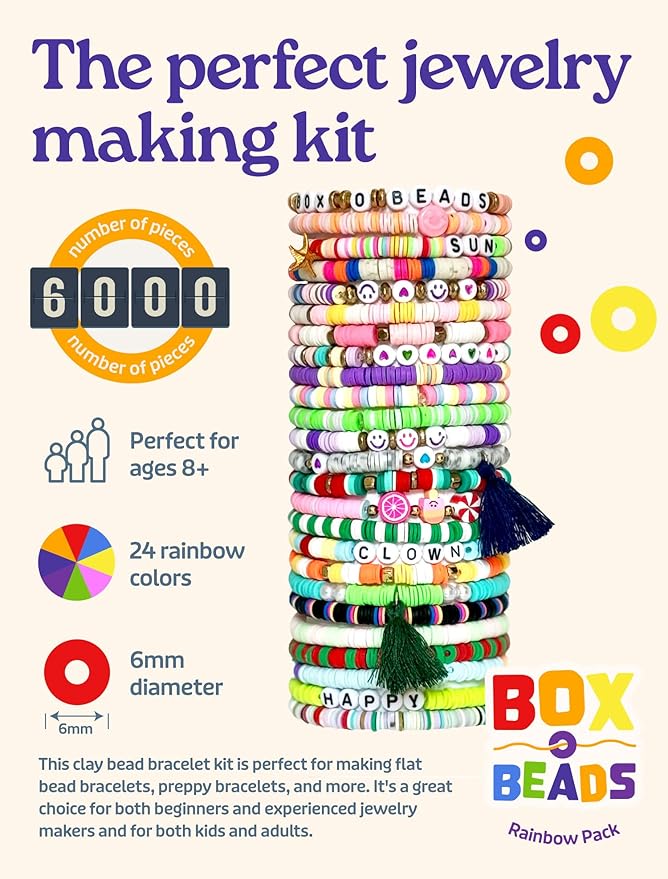 Felix LeChef Clay Bead Bracelet Making Kit for Girls Ages 10-12, 6000 Pcs Jewelry Craft Set, 24 Color Flat Clay Heishi Bead kit, Tassels and Charms for Jewelry Making, Preppy Friendship Bracelets