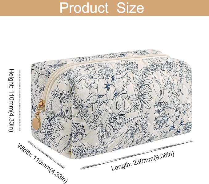 HHQQWZ Makeup Bag Travel Cosmetic Bag for Women Girls, Zipper Make Up Pouch, Floral Flowers Toiletry Organizer Makeup, Portable Storage Bag, Cosmetic Travel Cloth Bag (Navy Blue Flower)