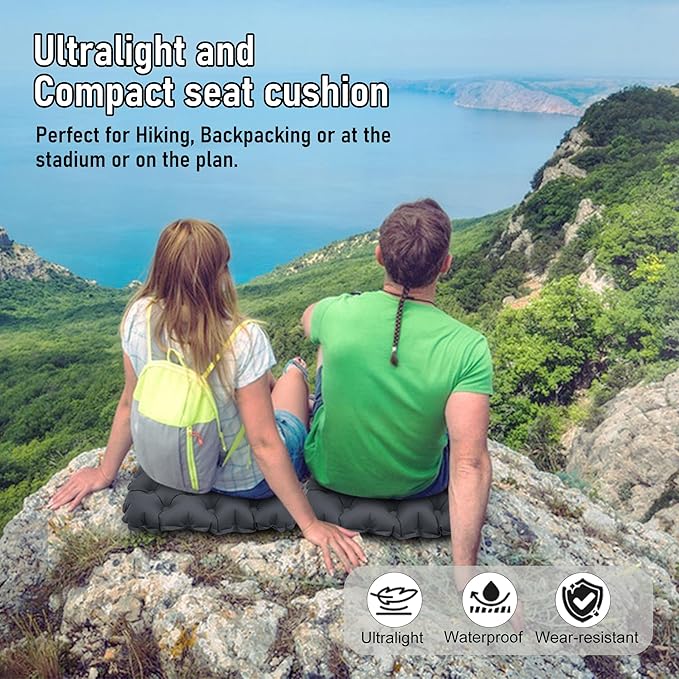 BreezCamp Inflatable Seat Cushion, Lightweight Stadium Seat Pad, Camping Accessories Chair Pad for Airplane Travel, Hiking, Climbing, Home and Office,Black
