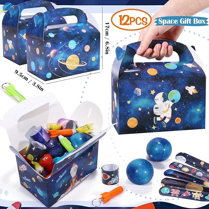 Golray 84pcs Space Party Favors Box Stress Balls Glow In Dark Tattoos Stamp Necklace Toy Gift for Boy Kids Galaxy Birthday Party Supplies Stuffer Treat Gift Goodie Bag Filler