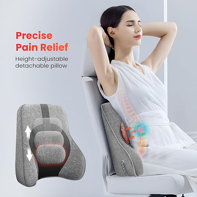 COMFIER Back Lumbar Support Pillow for Office,Car,Heated Back Support with 4 Shiatsu Massage Heads & Heating Function, Memory Foam Lumbar Pillow for Computer Gaming Chair-Gray