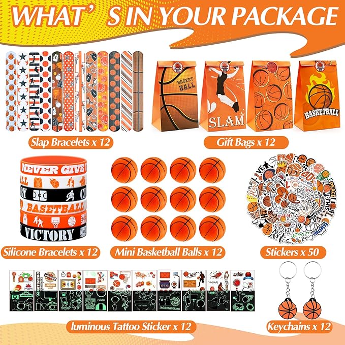 122Pcs Basketball Party Favors Basketball Goodie Bag Favors with Stress Ball Keychain Tattoo Sticker Silicone Bracelet for Basketball Themed Birthday Party Supplies