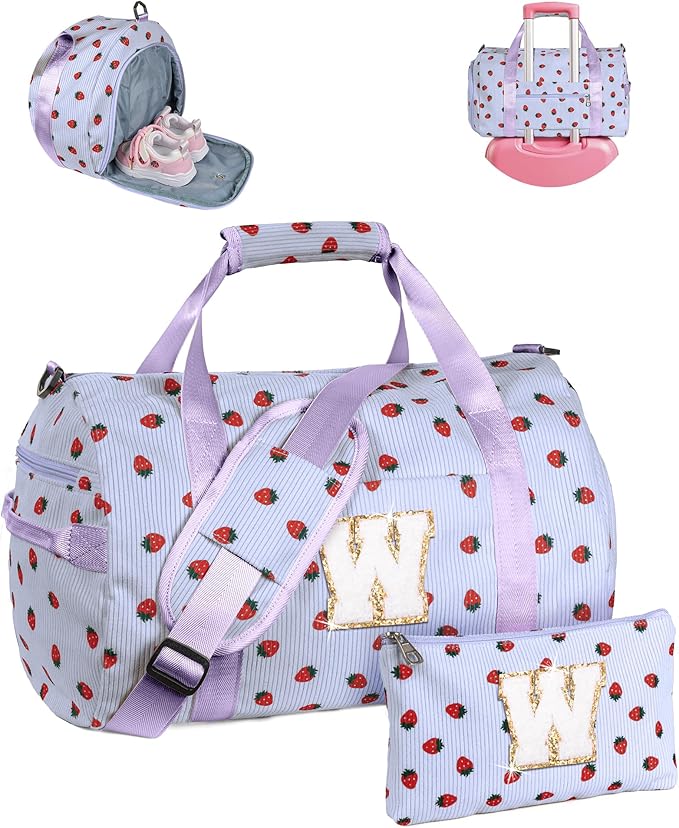 Dance Recital Gifts for Girl, Girls Gym Bag, Kids Personalized Overnight Duffle Bags with Shoe Compartment, Monogram Travel Tote with Makeup Bag, Gift Ideas for Niece Sister (Letter W)