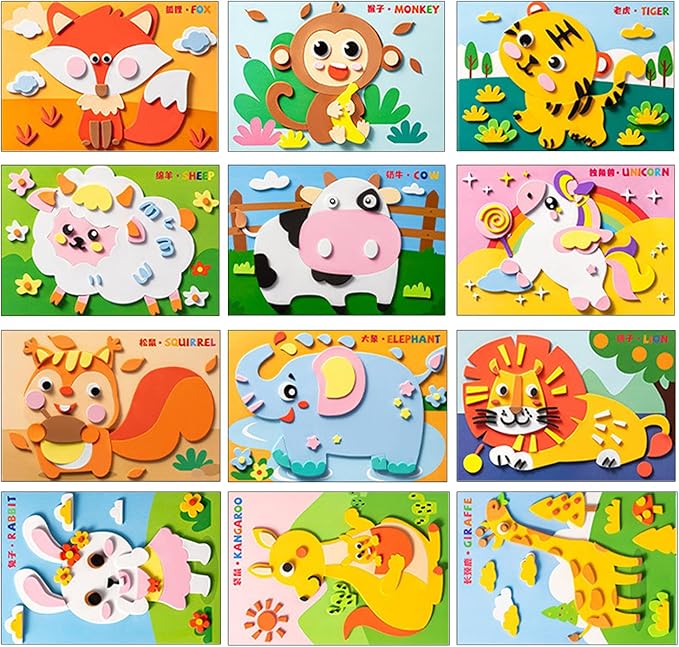 3D EVA Foam Stickers for Toddlers 12PCS Sticky Foam DIY Craft Preschool Art Class Drawing Sticker Puzzle Art Kit for Kids Boys Girls (Cartoon Animals A)
