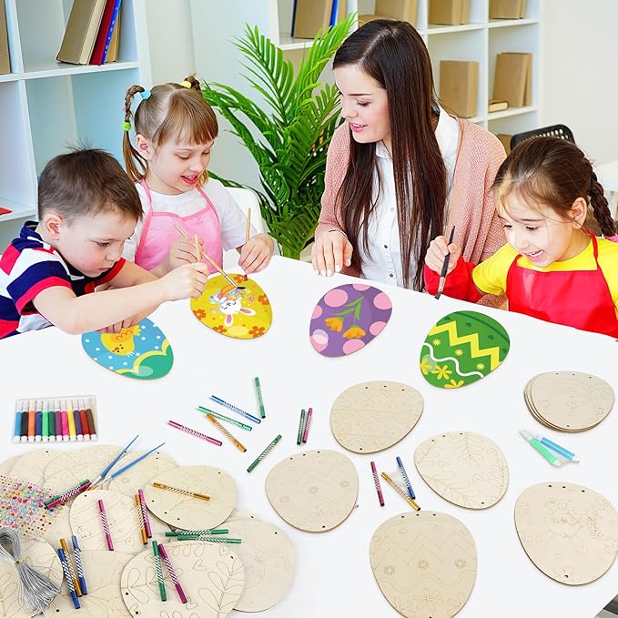 16 Pack Easter Egg Wind Chime Kits Easter Crafts for Kids Make Your Own Easter Egg Wind Chime Wooden DIY Arts and Crafts for Spring Party School Classroom Hanging Decoration Supplies Birthday Favors