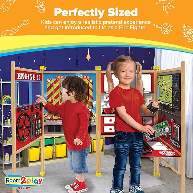Fire Station - Large Kids Pretend Play Set for Toddlers Ages 3+ Years –Wooden Toy Playset Folds Away for Easy Storage with 20 Fun & Interactive Pieces