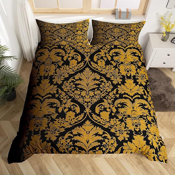 Feelyou Black Gold Comforter Cover Set Queen Size Vintage Damask Floral Duvet Cover for Kids Adult Oriental Antique Bedding Set Gothic Boho Flower Bedspread Cover for Bedroom Decor,No Comforter